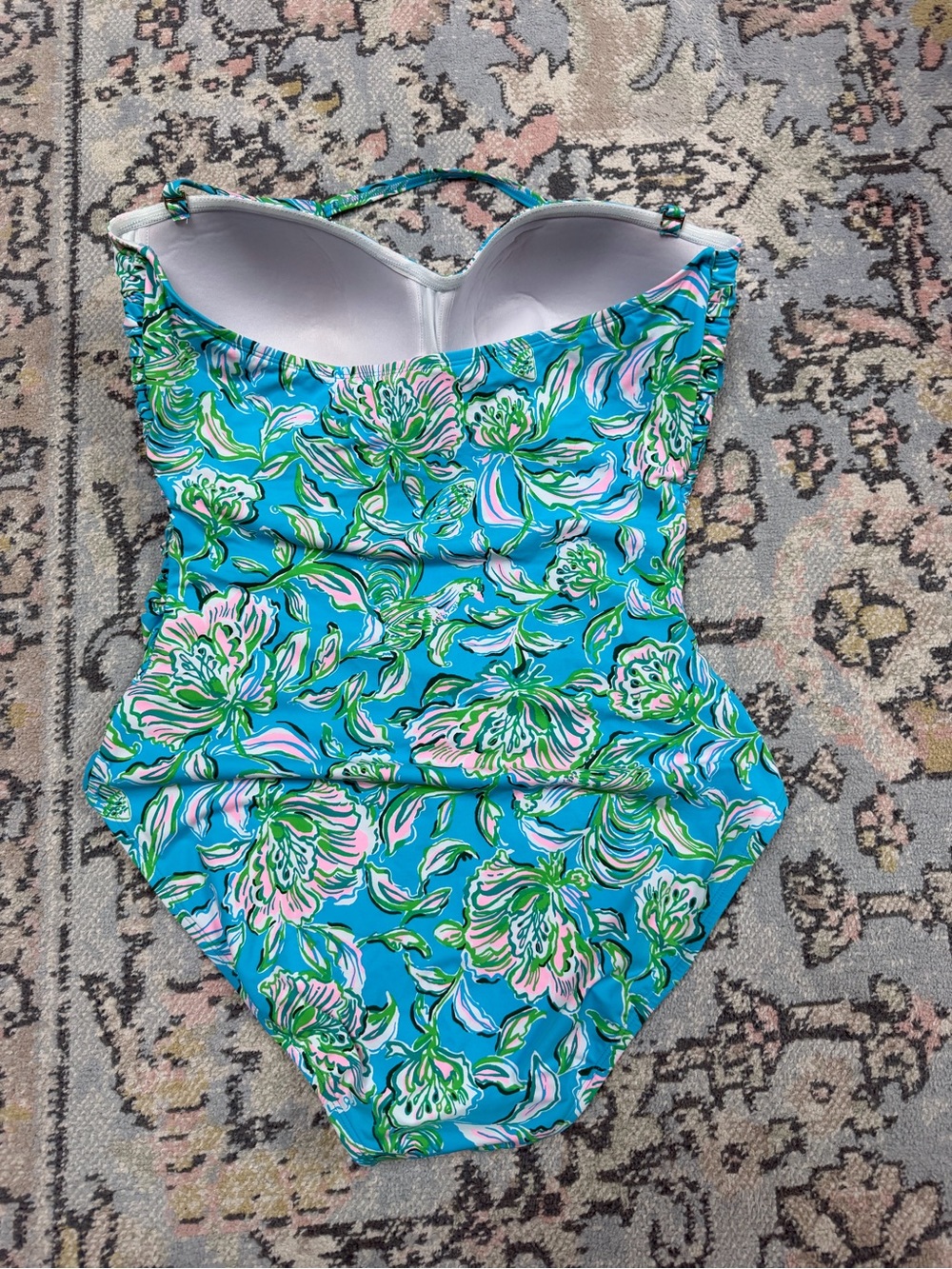 NWOT Lilly Pulitzer Turquoise Floral Ruched One-Piece Swimsuit - Picture 3 of 4